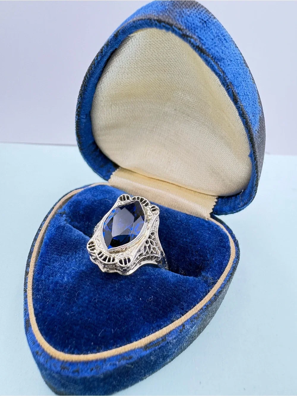 1920’s Art Deco 14K Gold Genuine Sapphire Gemstone Posey Engagement Ring Sz 5.5
